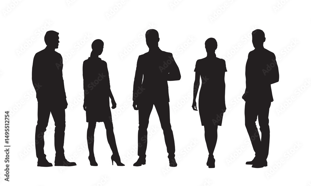 Group of business people, set of isolated vector silhouettes. Standing men and women