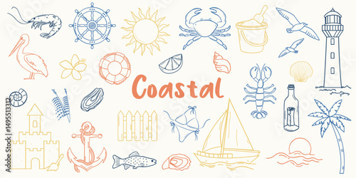 Coastal summer doodle illustration set. Hand drawn whimsical lighthouse, lobster, crab, bikini, palm tree, shells and  anchor illustration for greeting cards, invitations, wrapping paper.