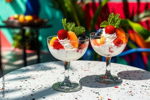 Two glasses of fruit dessert topped with whipped cream.