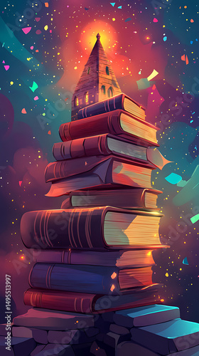 A whimsical stack of colorful books topped with a magical tower, surrounded by floating confetti