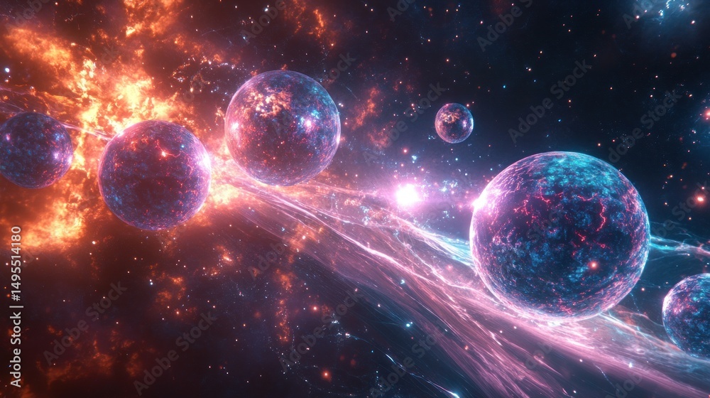 Obraz premium Fiery cosmic explosion with glowing planets and nebula.