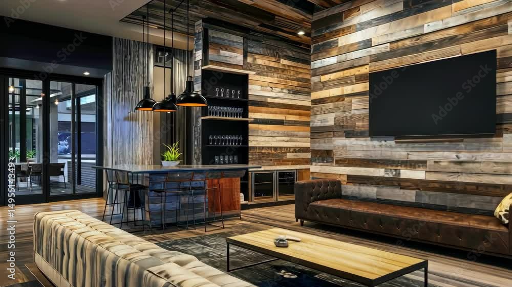 modern interior with bar area and rustic wood wall decor in entertainment room for lounge
