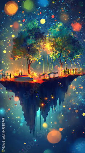 Enchanted floating island with vibrant trees, swings, and glowing lights against a starry backdrop