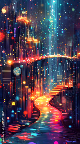 Vibrant cityscape at night with colorful lights, a glowing bridge, and a winding path through skyscrapers