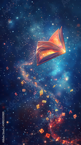 A magical book floating in a cosmic space, surrounded by colorful letters and symbols drifting away