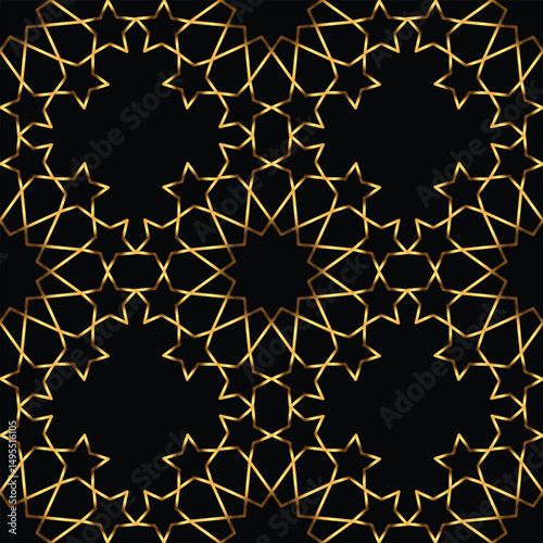 Seamless geometric pattern of stars. Gold on black background. Vector illustration.