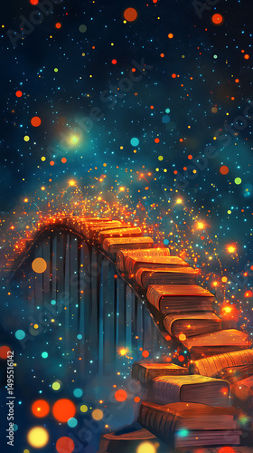 A magical staircase made of books leading into a starry night filled with colorful lights and sparkles