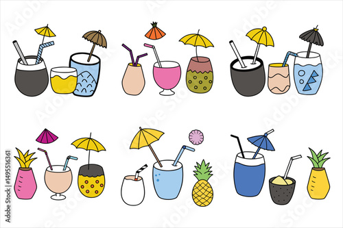 Set of hand drawn tropical beverages pineapple, juice with straw, coconut with umbrella vector illustration on white background.