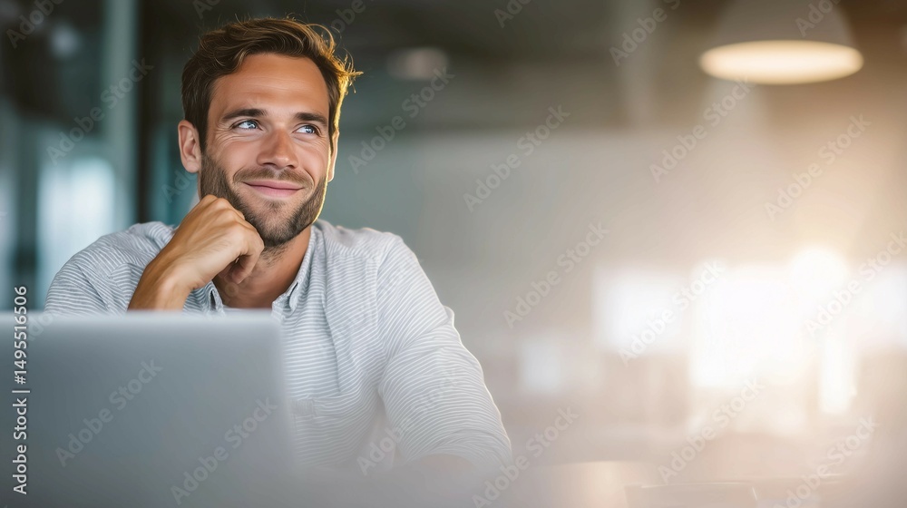Obraz premium Confident businessman sits at desk working with laptop in office,smiling,business concept.