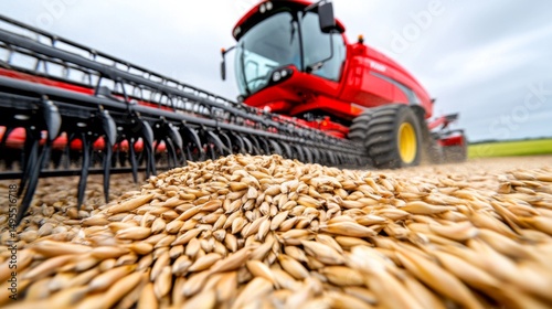 Modern red tractor harvesting wheat in a vast green field under cloudy sky photo