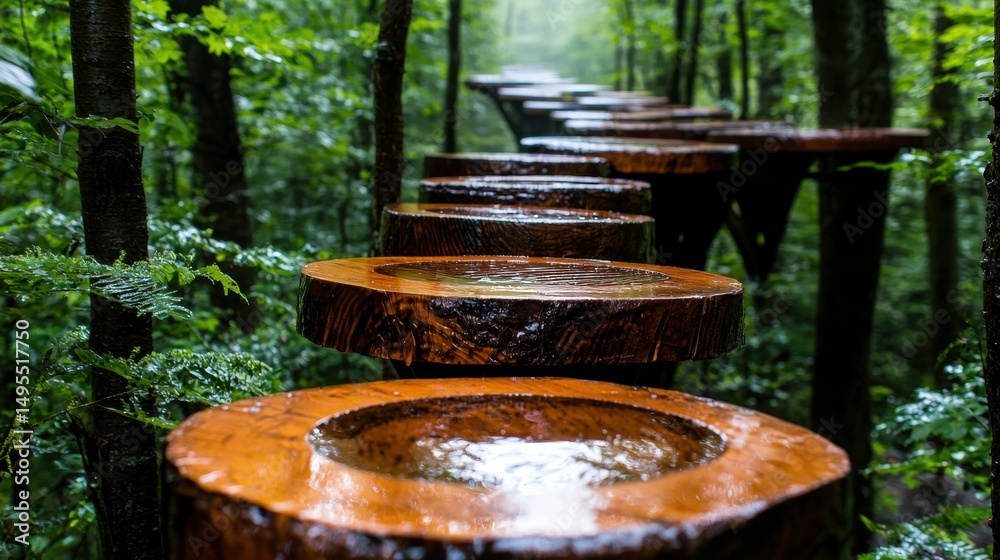 Fototapeta premium Rain Wet Wooden Path Through Lush Green Forest