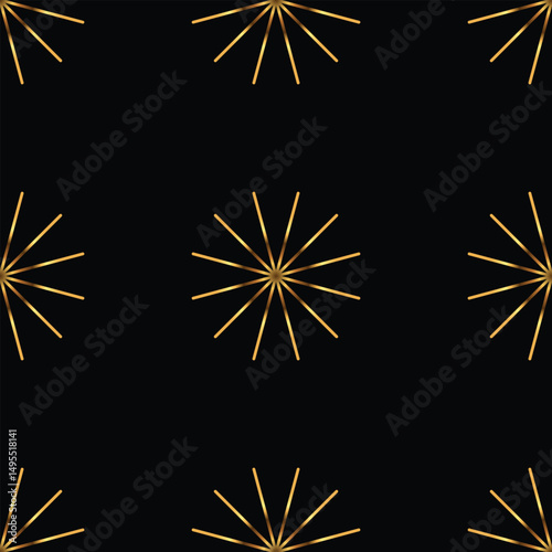 Seamless geometric pattern of stars. Gold on black background. Vector illustration.