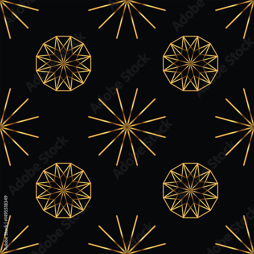 Seamless geometric pattern of stars. Gold on black background. Vector illustration.