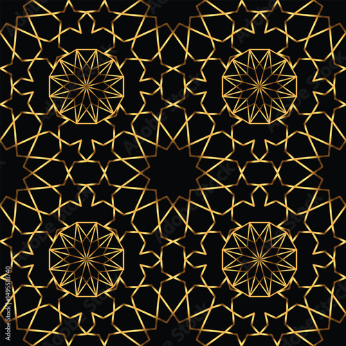 Seamless geometric pattern of stars. Gold on black background. Vector illustration.