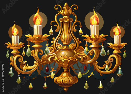 Ornate Gold Candleabra with Crystal Accents and Burning Candles