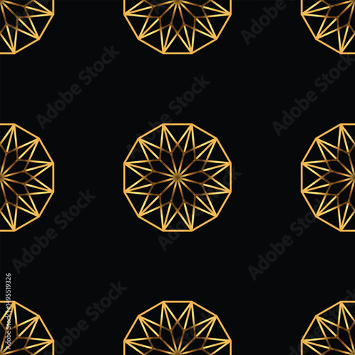 Seamless geometric pattern of stars. Gold on black background. Vector illustration.