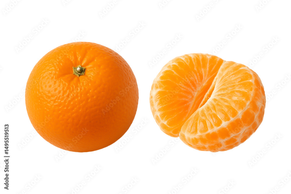 Fresh whole mandarin orange and peeled juicy segments isolated on white background. Perfect for food, health, and citrus-themed design projects. Fresh whole mandarin orange and peeled juicy segments isolated on white background. Perfect for food, health, and citrus-themed design projects.
