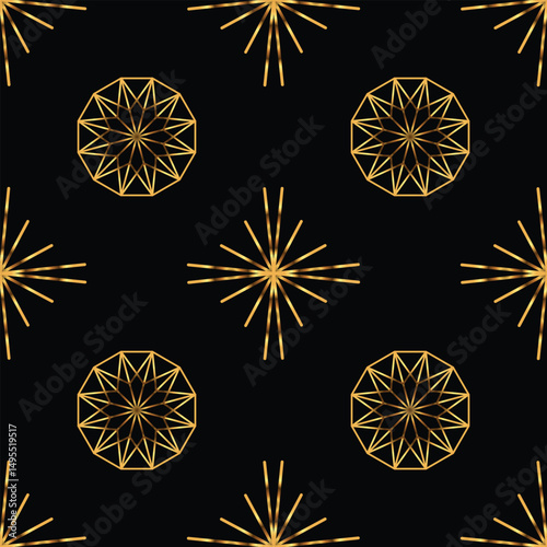 Seamless geometric pattern of stars. Gold on black background. Vector illustration.
