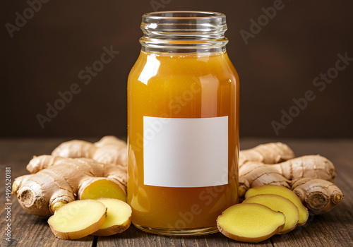 Ginger tea in a glass bottle with a blank label. Suitable for product mockups, wellness blogs, organic drinks branding and packaging design.