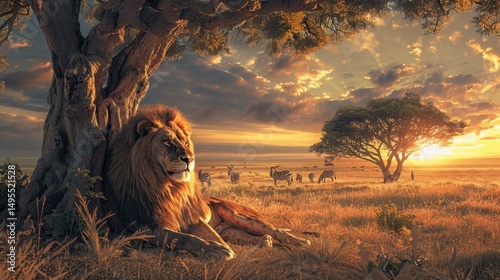 lion resting under tree in grassland, africa savanna safari sunset