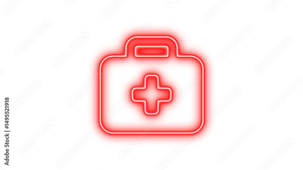Obraz premium Neon medical first aid kit icon with a cross symbol in the center, Neon briefcase medical icon glow with transparent background