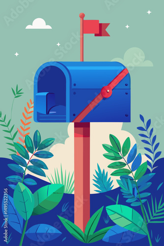 Blue Mailbox with Red Flag in Lush Tropical Foliage