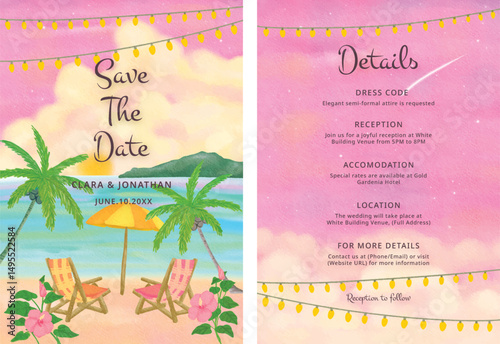 Watercolor sunset sky in the beach wedding party invitation