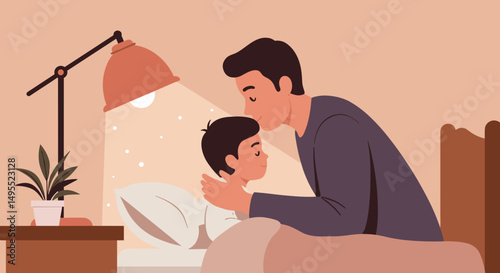 Father kissing son goodnight in cozy bedroom with warm lighting,  for articles on parenting, child development, psychology, family values, brands related to baby sleep and care