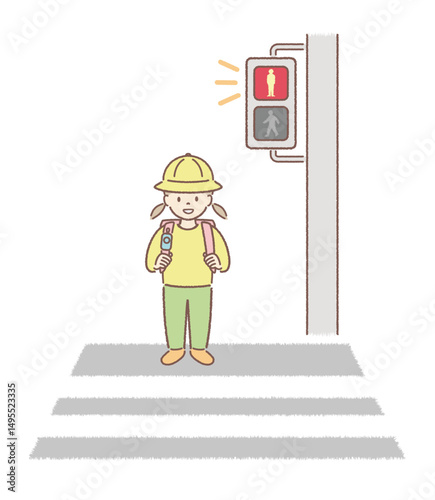 横断歩道で赤信号を待つ子どものイラスト（女子）