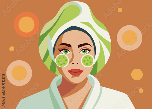 Woman in bathrobe with green facial mask applying skincare