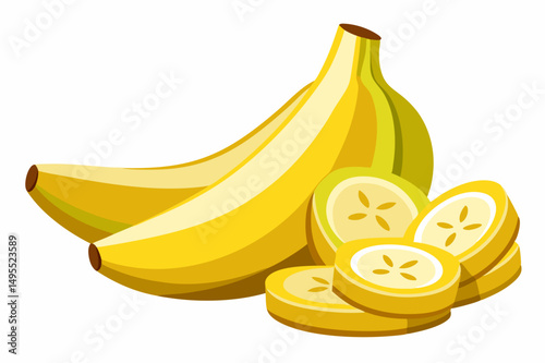Two ripe yellow bananas with several sliced pieces