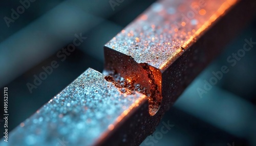 Close-up view of a fractured metal component exhibiting a clear stress concentration point at a sharp corner, highlighting the material failure due to localized stress ,  metal,  plastic,  alloy