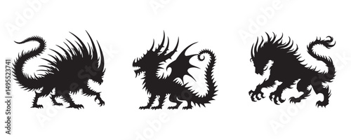 Silhouettes of three thorny devils in aggressive and dynamic poses, showcasing their spiky bodies and reptilian features in bold black on a white background