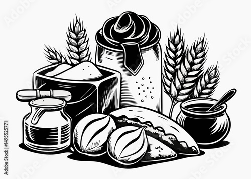 Black and White Illustration of Baking Ingredients and Bread