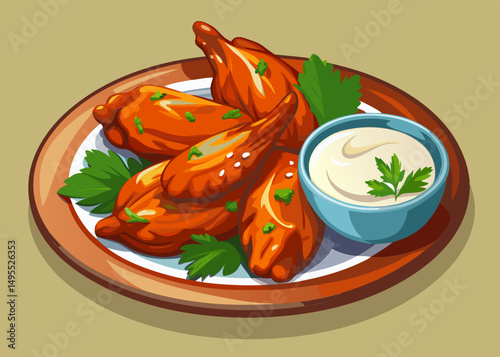 Delicious Roasted Chicken Wings with Creamy Dip and Parsley Garnish