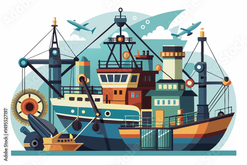 Large Fishing Trawler at Dock with Small Boat and Airplanes