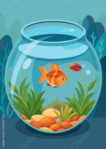 Two Goldfish Swimming in a Round Glass Fishbowl with Plants and Pebbles