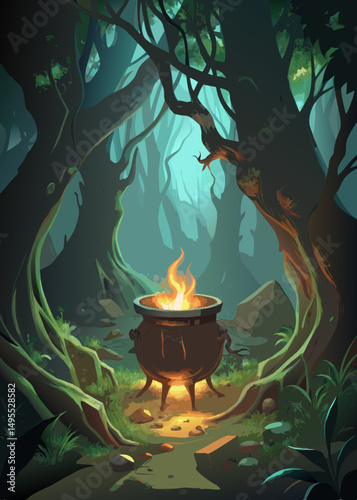 Enchanted Forest Cauldron with Burning Fire at Night