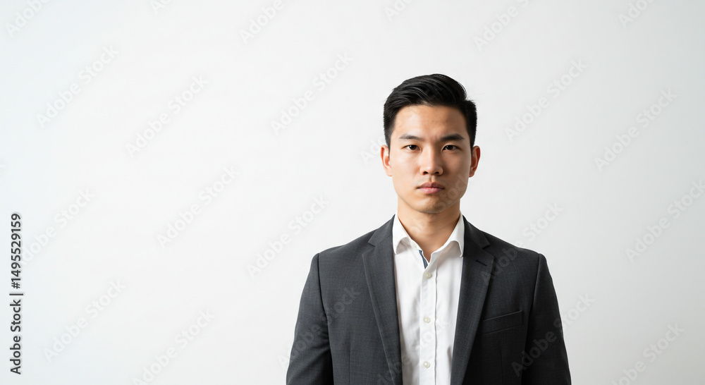Asian man in suit standing against white backdrop Asian man in suit standing against white backdrop