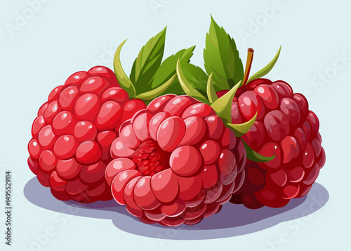 Three Juicy Raspberries with Green Leaves Close Up