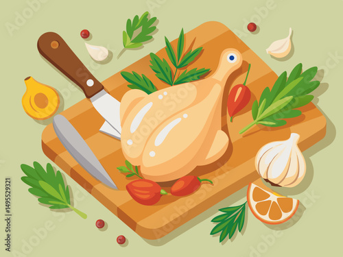 Raw Chicken on Wooden Cutting Board with Herbs and Spices