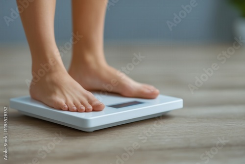 Close-up of bare feet on digital scale on wooden floor for health and weight monitoring