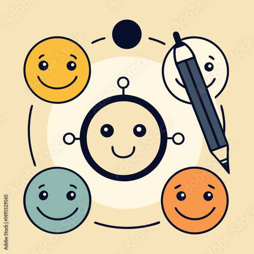 Happy Emojis Connected by a Central Smiley Face and Pencil