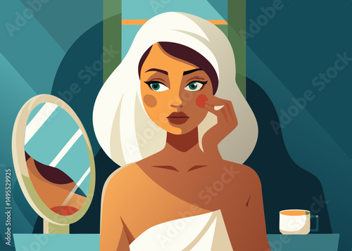 Woman Applying Face Cream After Shower in Bathroom