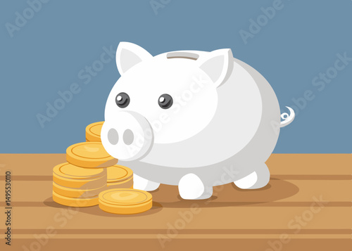 White Piggy Bank with Stack of Gold Coins on Wooden Table