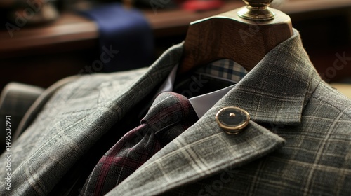 Closeup of a tailored suit jacket and accessories.