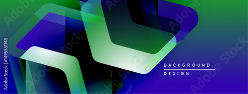 Abstract geometric shapes overlap, creating vibrant green, blue gradients. Modern design suggests technology, innovation, dynamic visuals.