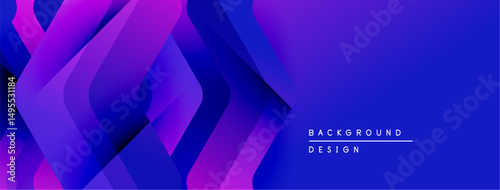 Abstract geometric shapes, vibrant purple, blue gradients create modern background. Design elements overlap, forming dynamic composition.