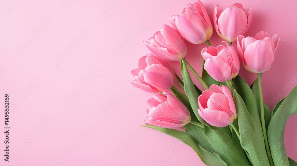 Obraz premium Celebration concept with pink tulip bouquet on pastel backdrop for cards.