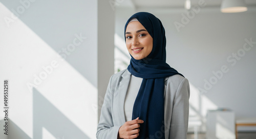 Portrait of a smiling woman in hijab and gray blazer photo